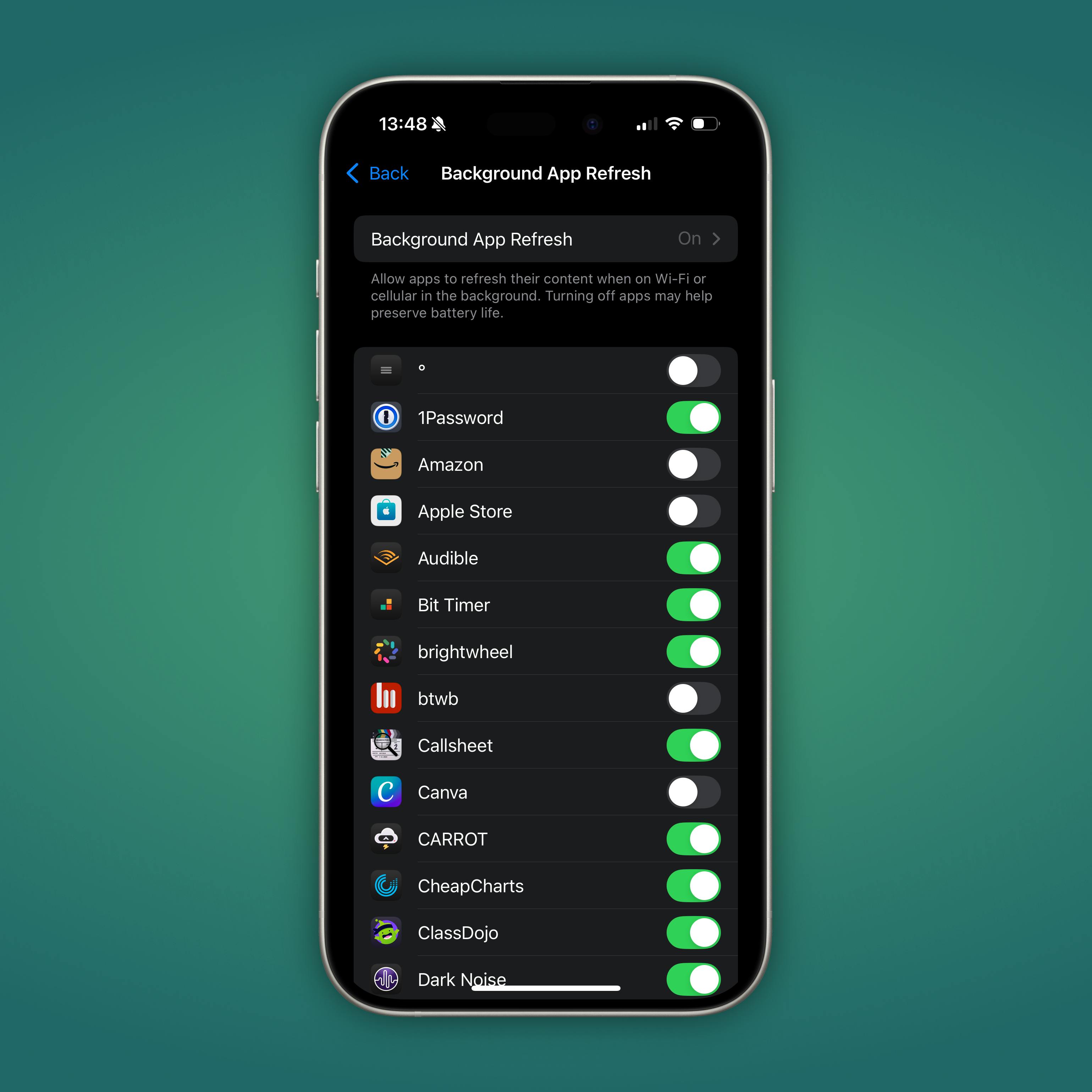 a green gradient background with an iPhone in the center and Background App Refresh settings