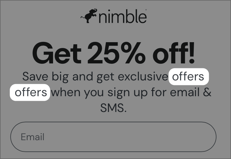 Close-up of Nimble's popup with the word "offers" highlighted twice, flagging the duplicated word in the body copy.