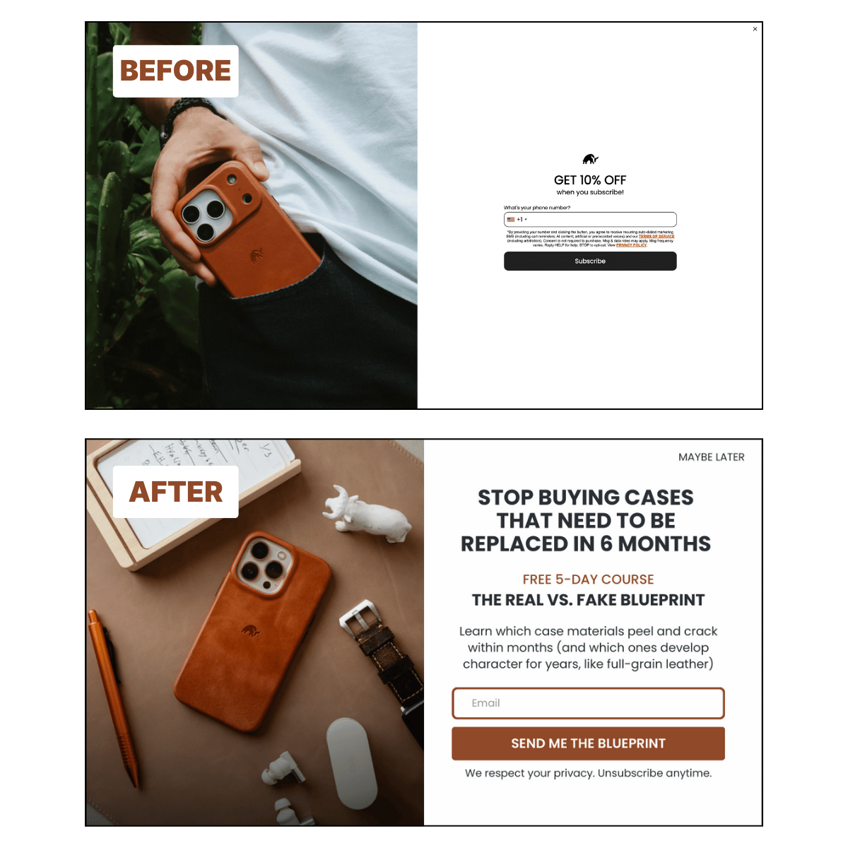 Before: Discount popup with phone number request and SMS legal text. After: Educational course popup with email-only signup.