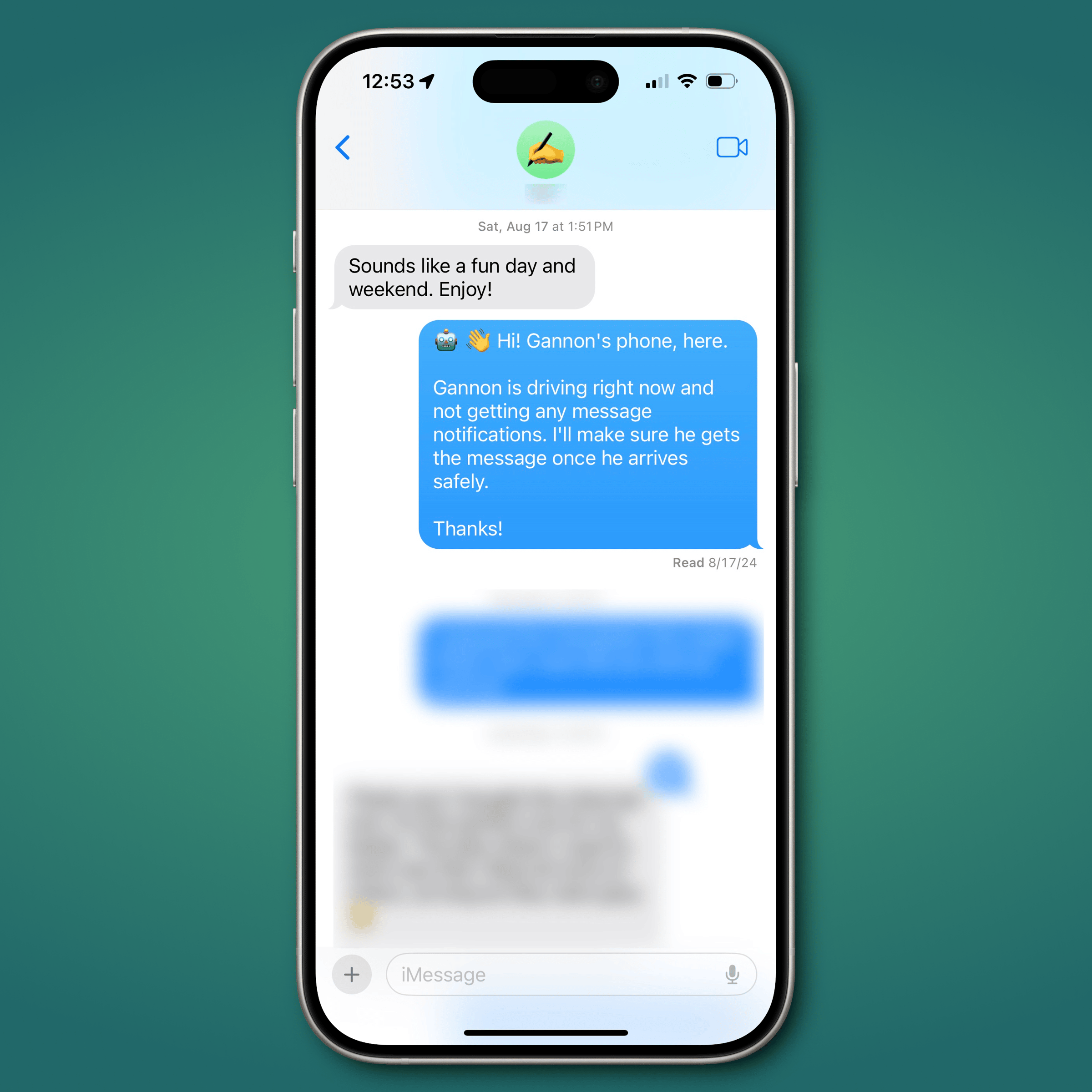 green gradient background with an iPhone frame in the center showing the Driving Focus auto-reply in Messages