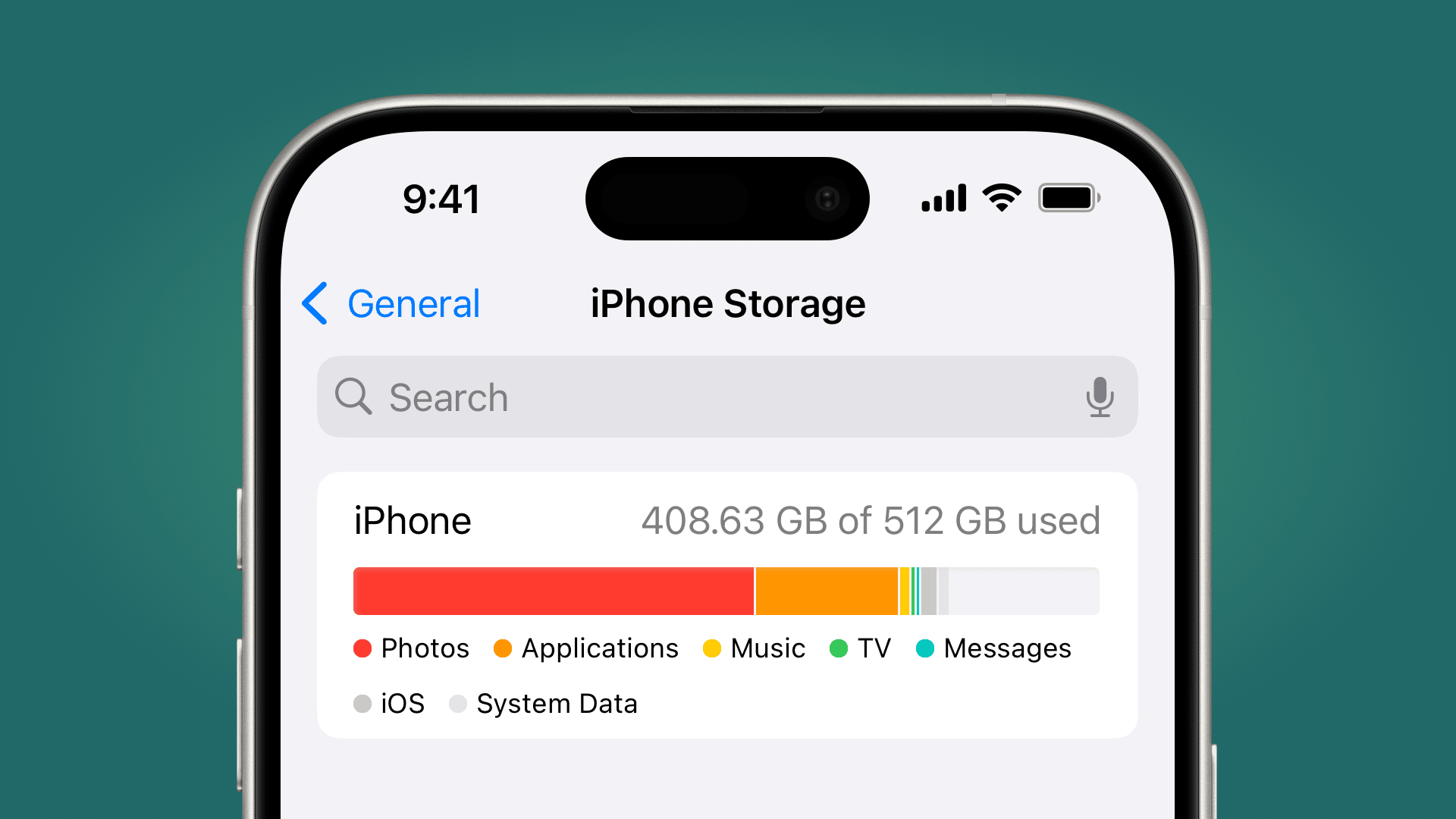 green gradient background with a screenshot of an iPhone's storage in the center