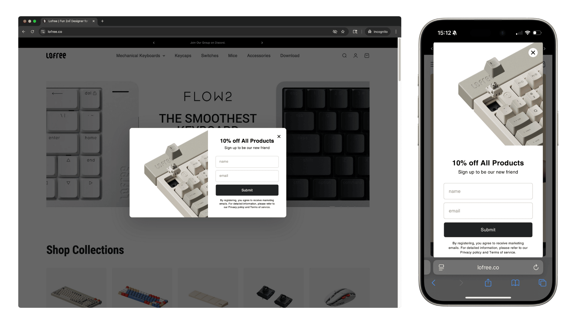 Lofree website showing identical popup on desktop and mobile with "10% off All Products" discount offer