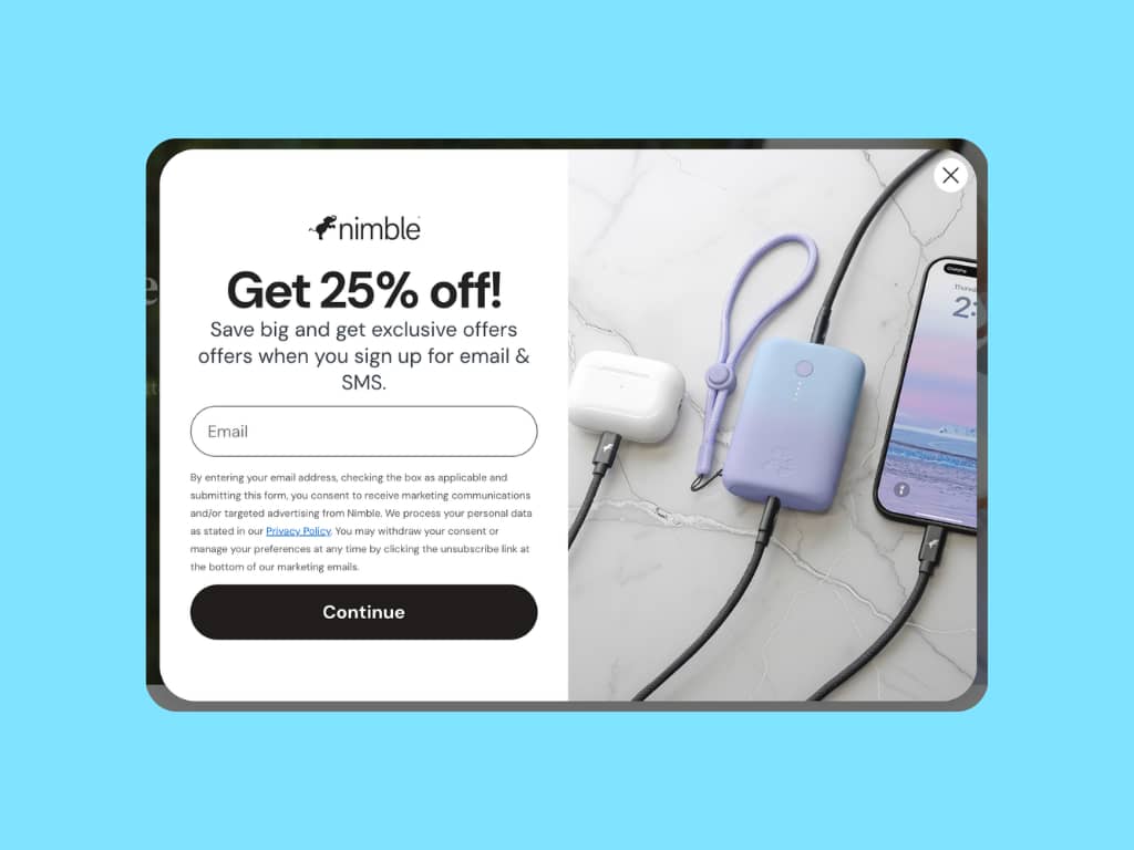 Nimble's original desktop popup with headline "Get 25% off!" on a light blue background.