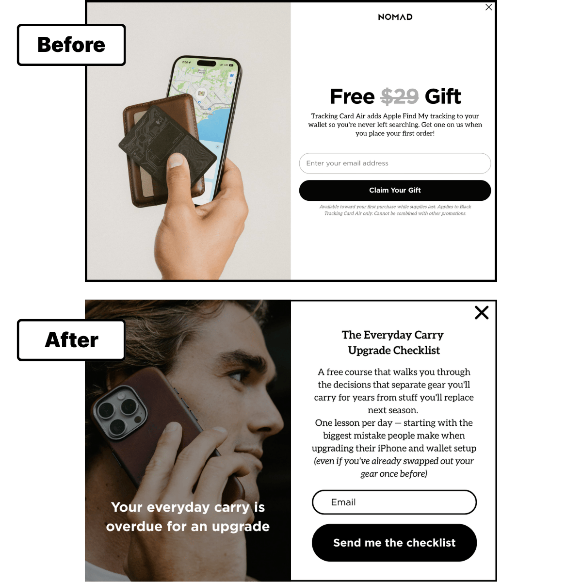 Before: Nomad "Free $29 Gift" desktop popup. After: "The Everyday Carry Upgrade Checklist" popup with "Send me the checklist" CTA