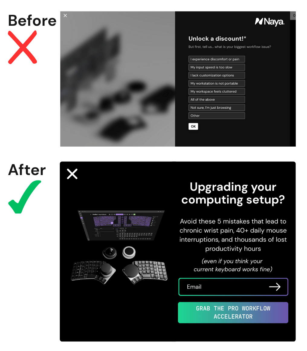 Before and after comparison: original Naya popup with discount survey vs redesigned popup with educational offer