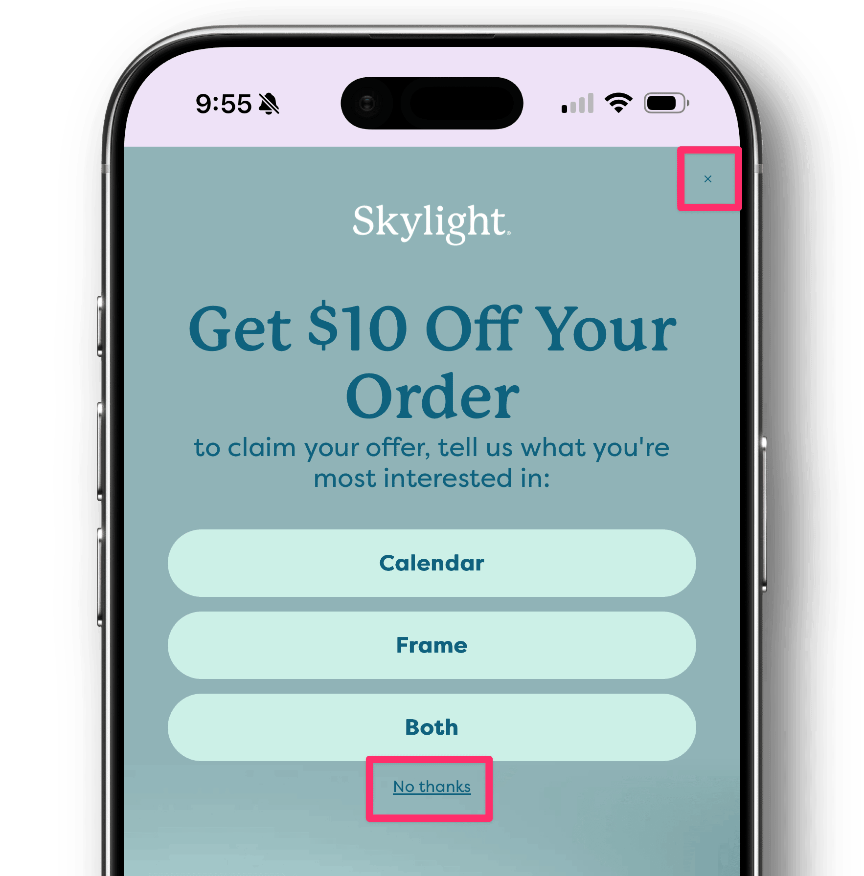 iPhone screen showing Skylight's original mobile popup, "Get $10 Off Your Order," with Calendar, Frame, with "No Thanks" and small "X" enclosed in a red box..