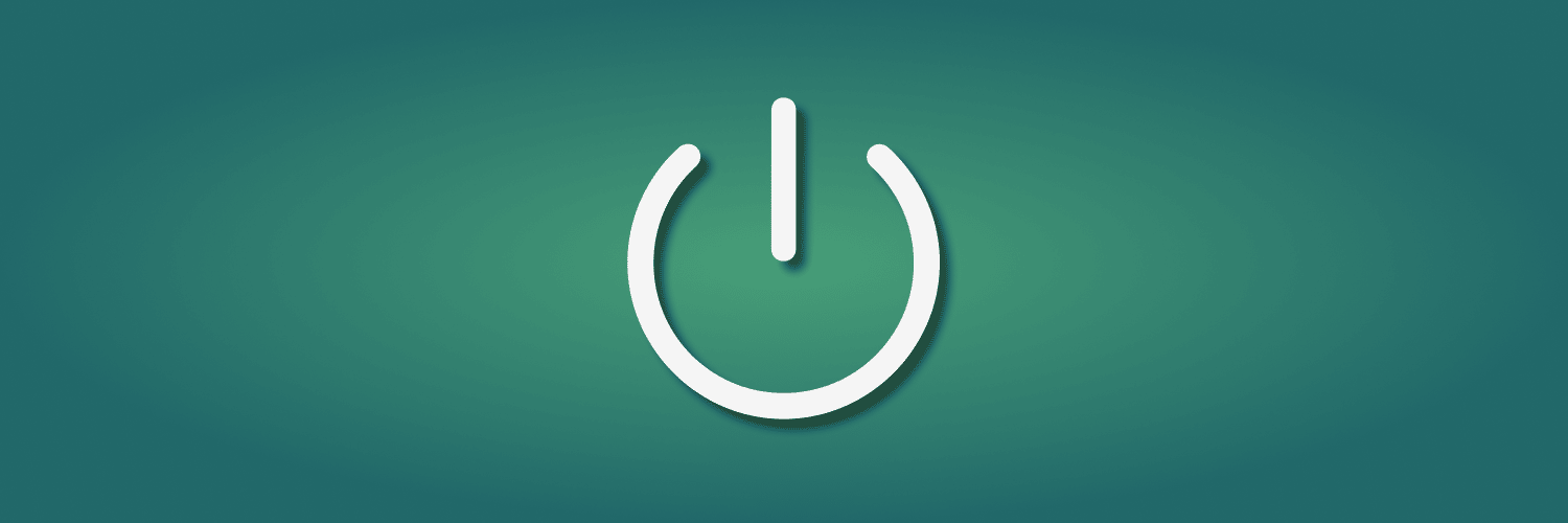 green gradient background with a white power icon in the center