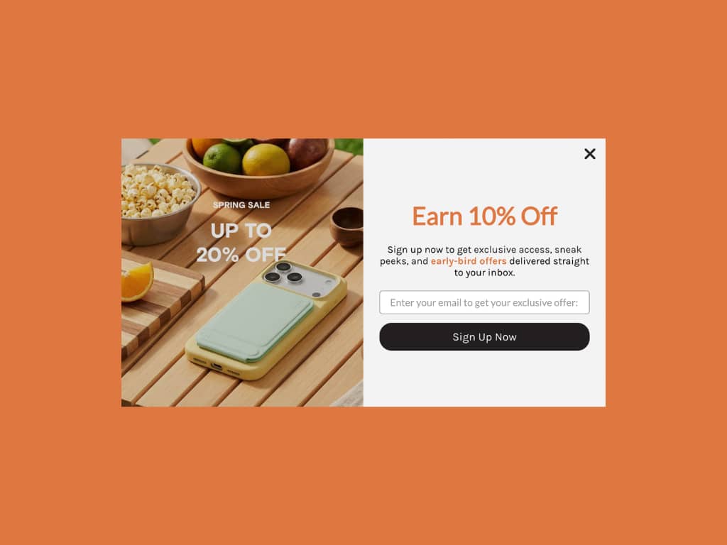 MOFT's desktop popup showing "Earn 10% Off" headline, product lifestyle photo, and "Sign Up Now" CTA on an orange background