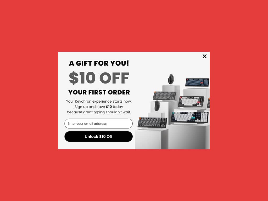Keychron's $10 off discount popup displayed against a red background
