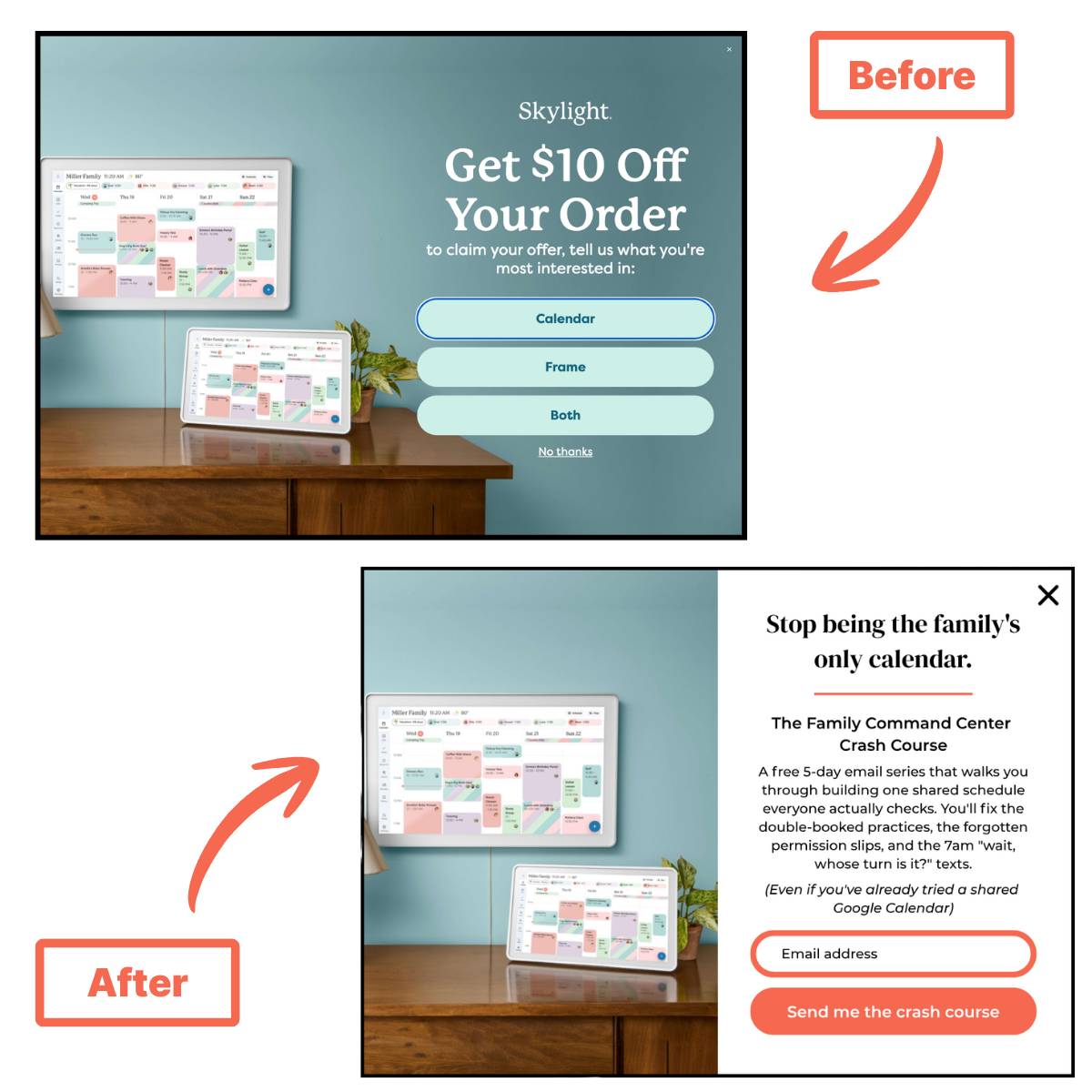 	Before-and-after comparison: the original teal "Get $10 Off Your Order" popup labeled Before, and the redesigned white popup with the crash course offer labeled After.