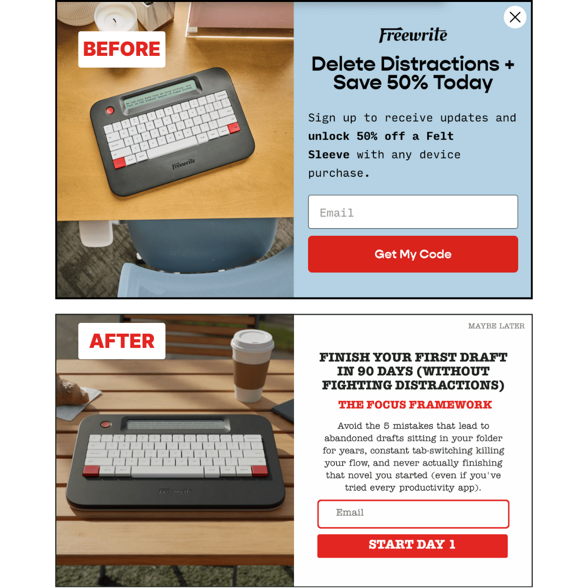 Discount-focused popup with 50% off offer versus education-focused popup with Focus Framework course and outcome-driven messaging.