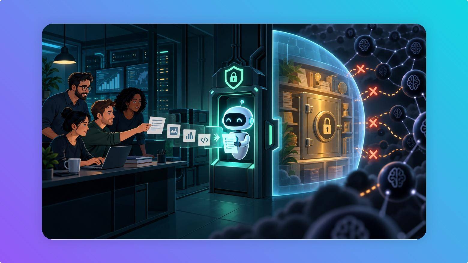 A humorous illustration of a small-business owner carefully locking a filing cabinet labelled proprietary knowledge while an AI assistant waits nearby.