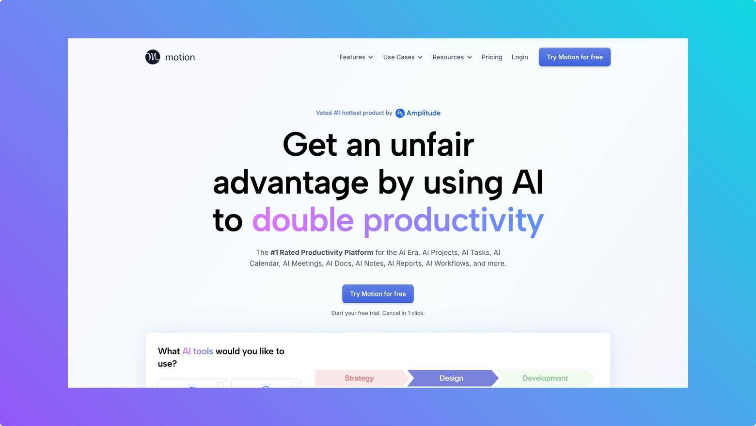 Motion homepage showing AI productivity and scheduling tools