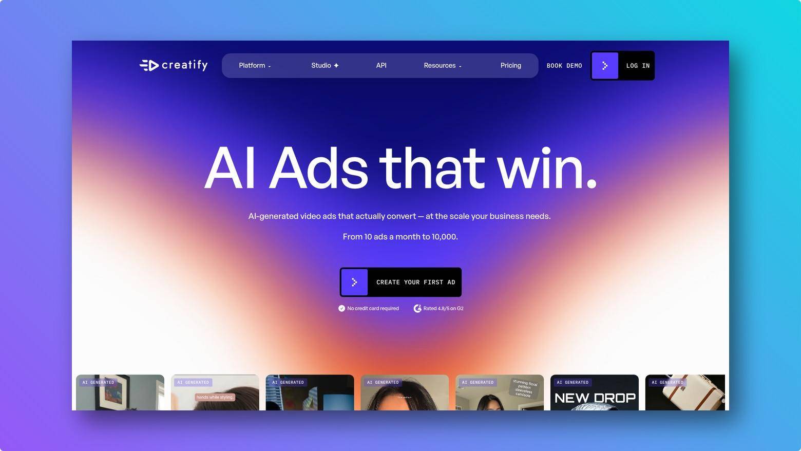 Creatify homepage showing AI video ads