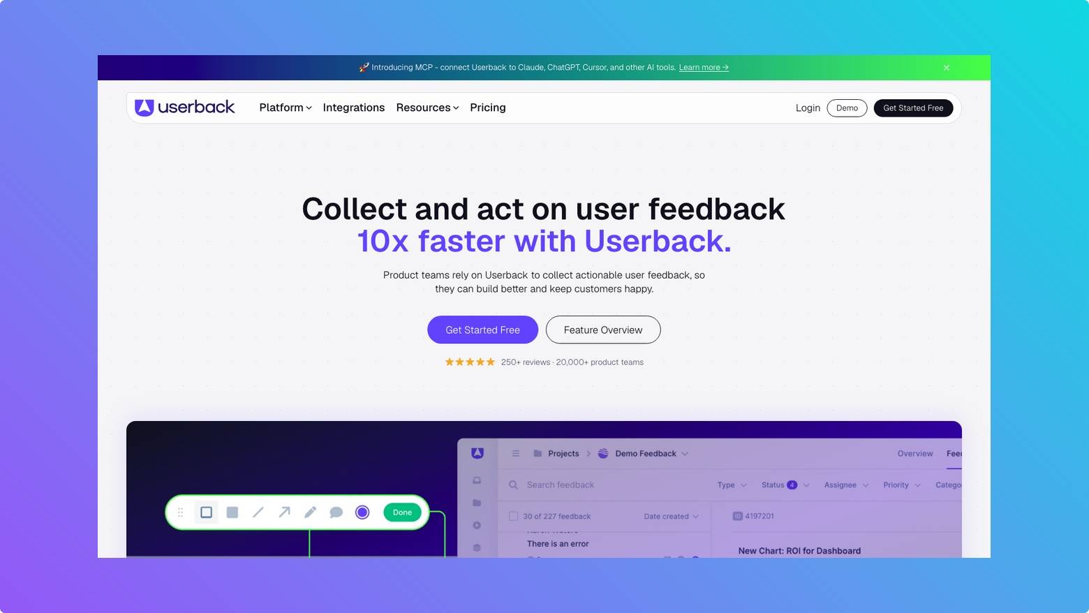 Userback homepage screenshot on Tooltester gradient background