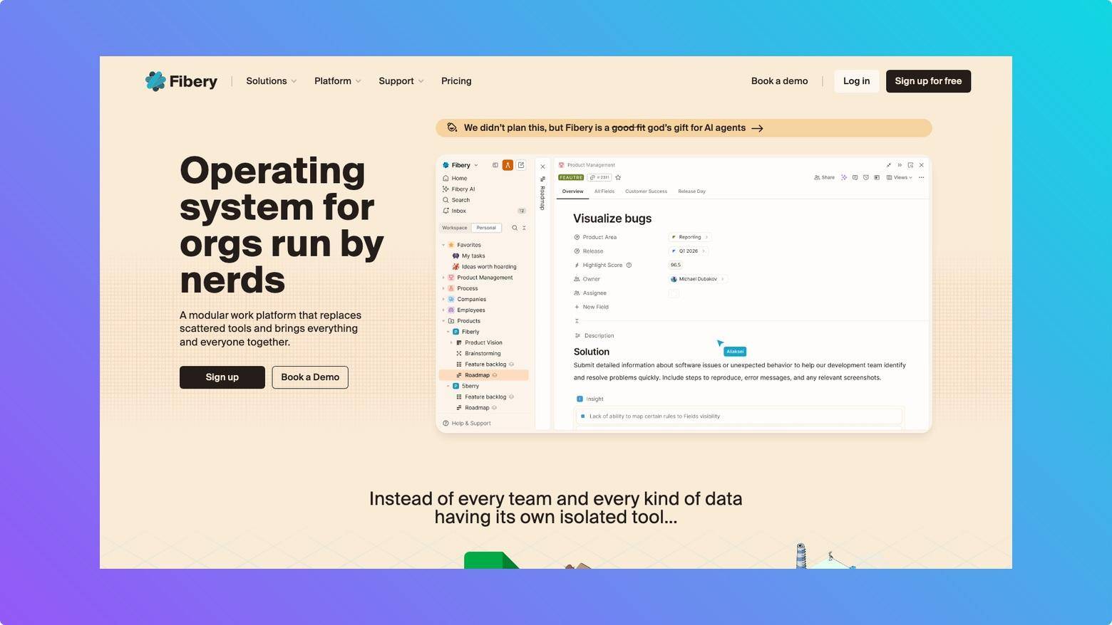 Fibery homepage showing modular work management