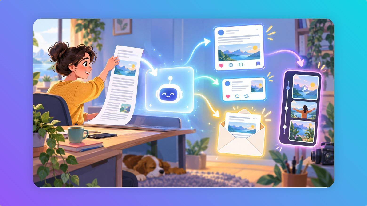 A person at a desk turning one newsletter into social posts, email ideas, and a short video script.