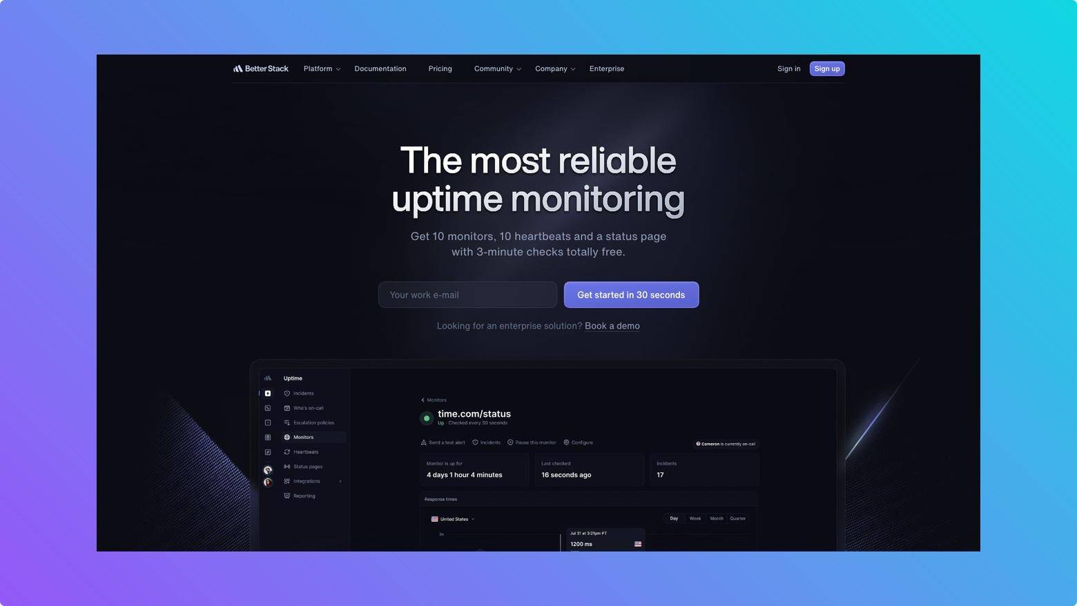 Better Stack uptime monitoring homepage showing website monitoring