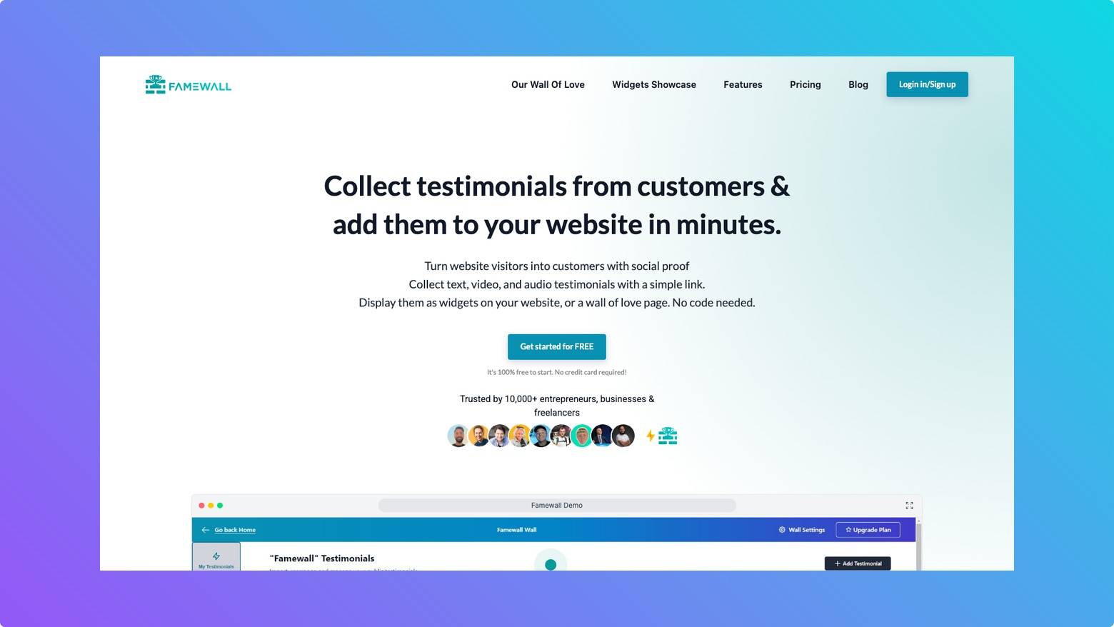 Famewall homepage screenshot on Tooltester gradient background