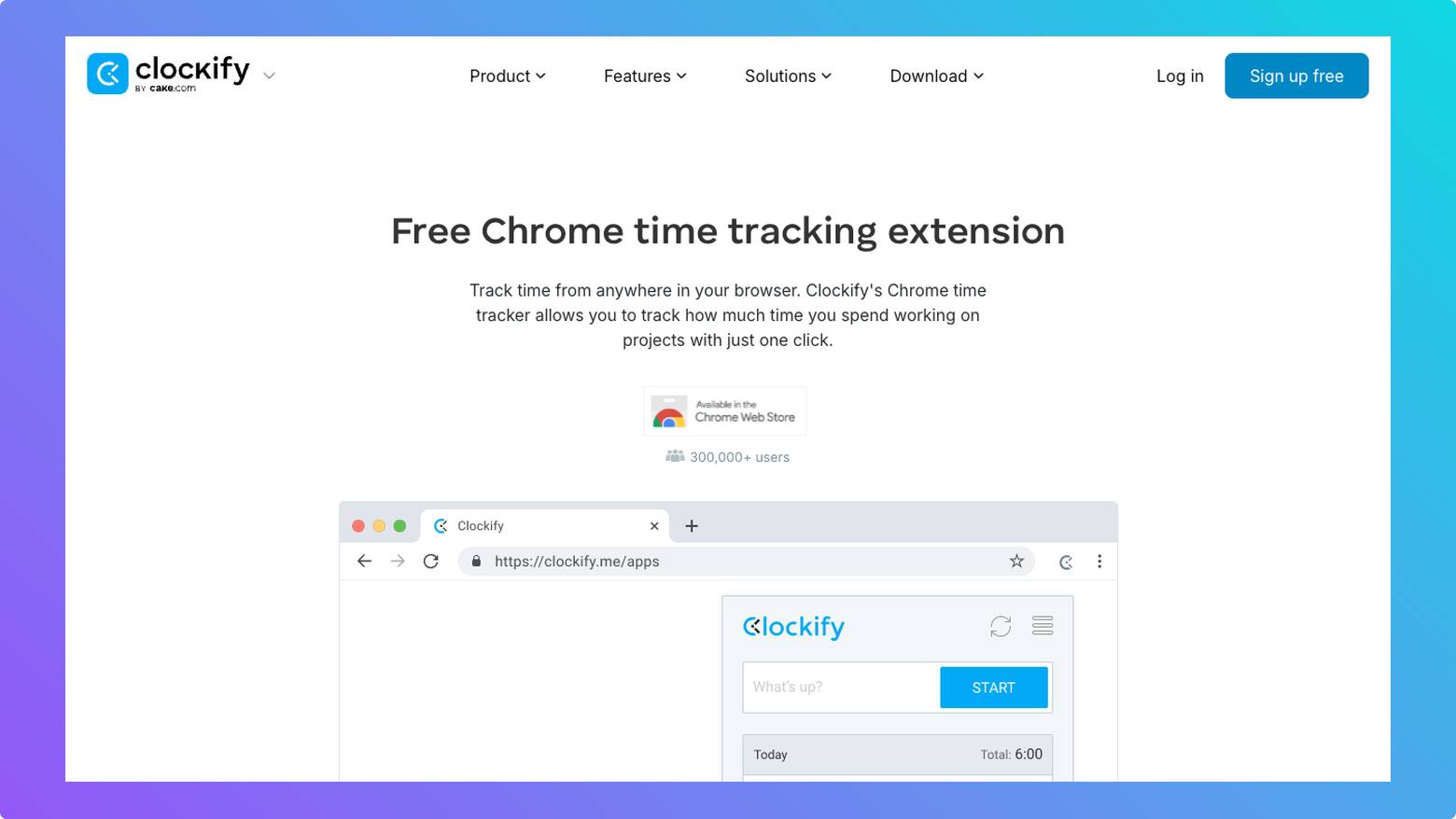 Clockify Chrome extension homepage showing one-click browser time tracking