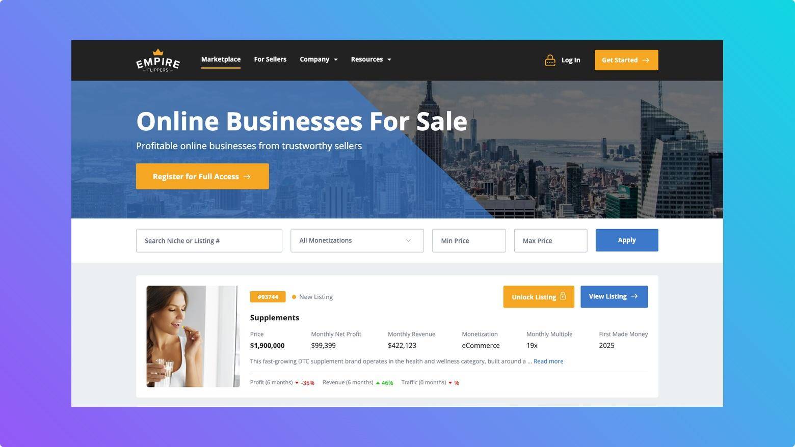Empire Flippers marketplace page showing online businesses for sale with filters, prices, and monthly profit details.