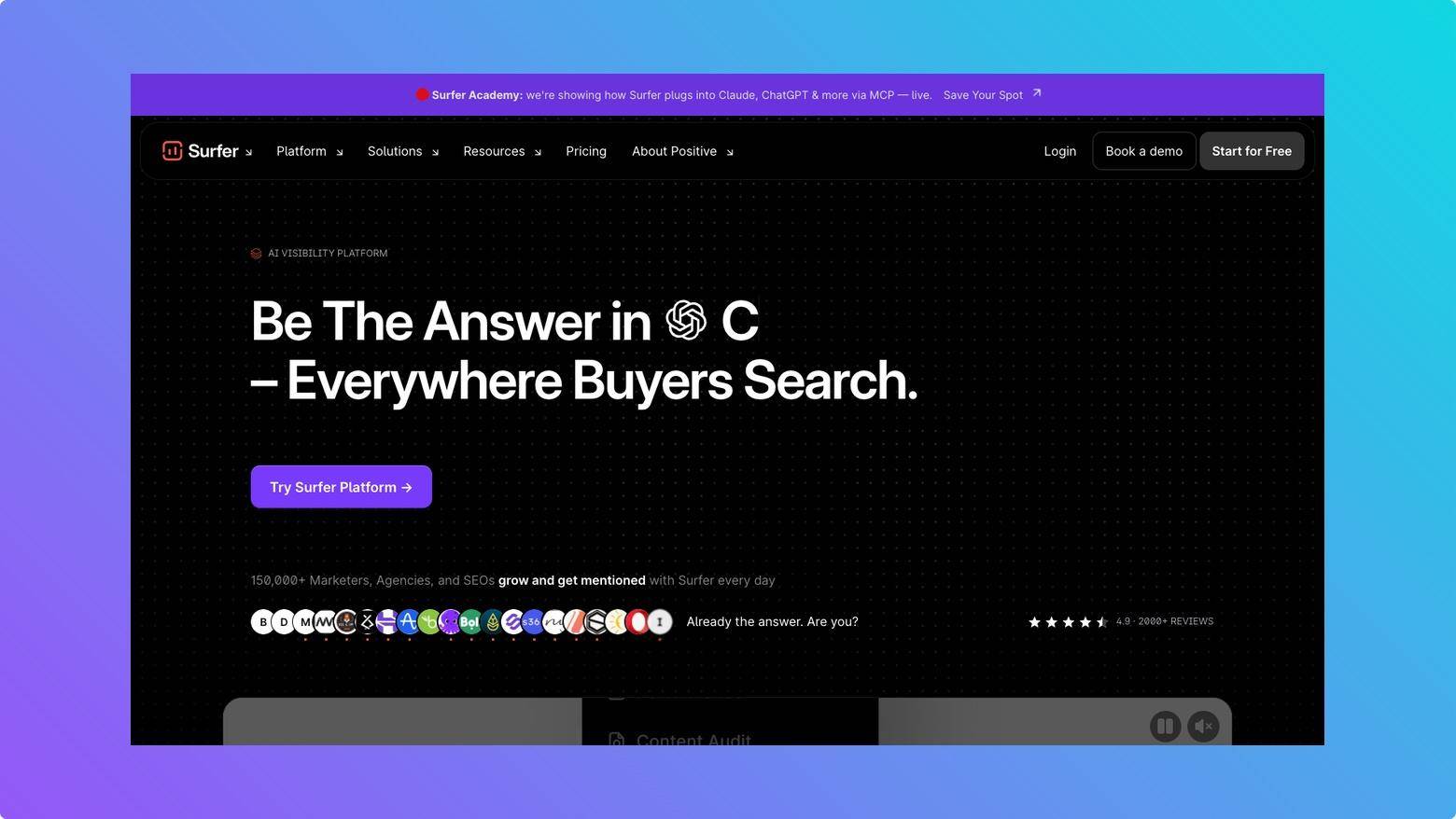 Surfer SEO dashboard for content optimization, audits, keyword research, and AI visibility tracking.