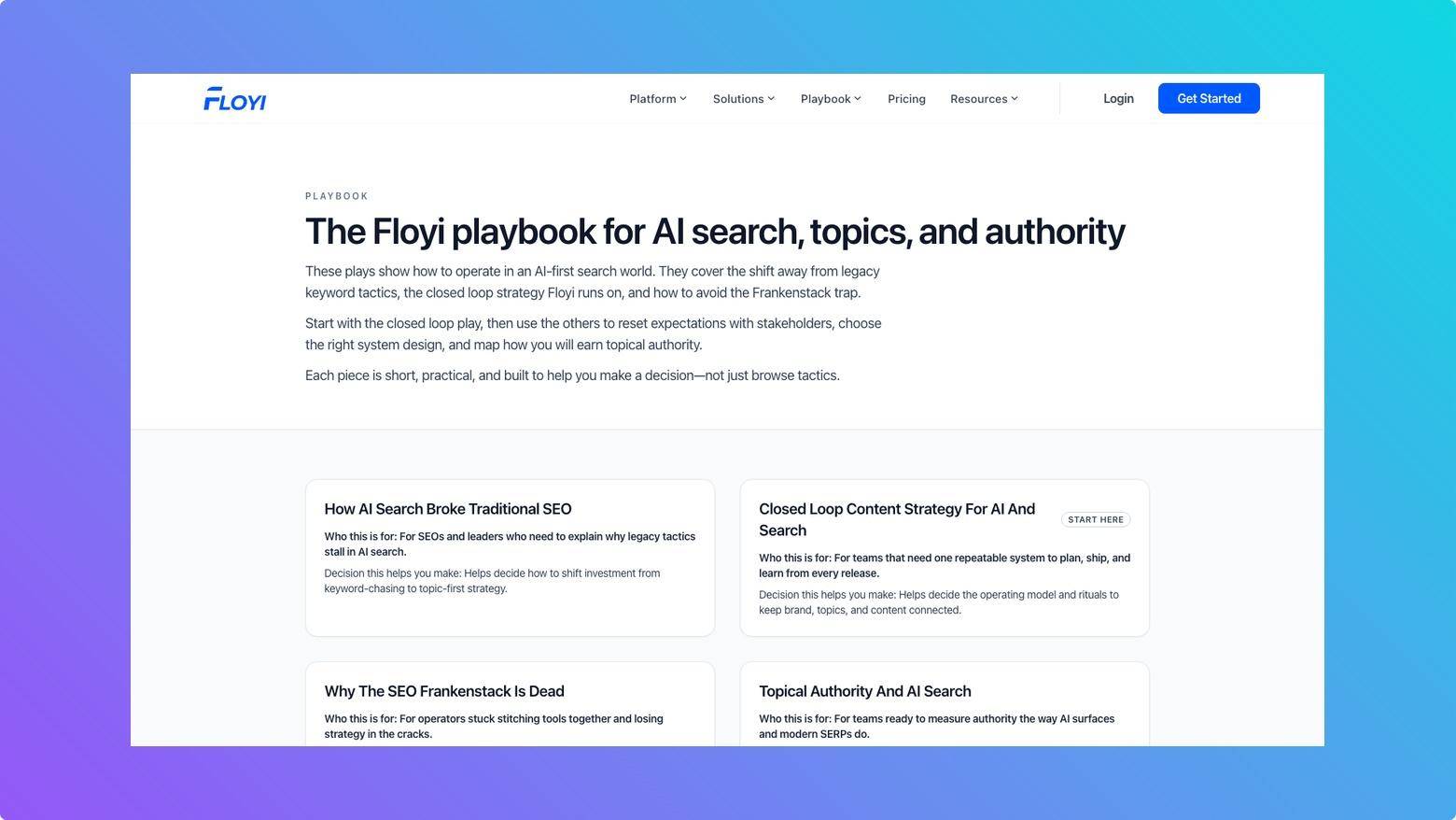 Screenshot of Floyi AI showing its topical authority and content workflow platform.