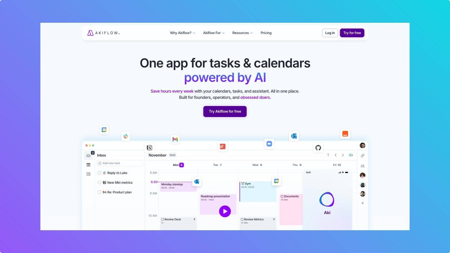 Akiflow homepage showing tasks and calendar planning