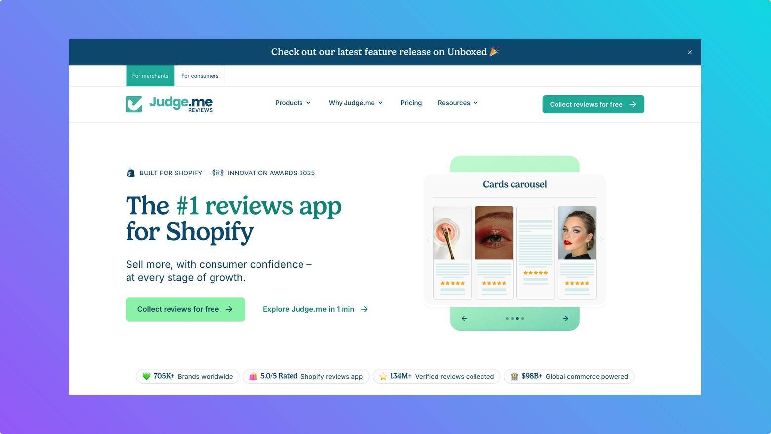 Judge.me homepage showing its Shopify product reviews platform for collecting and displaying customer reviews.