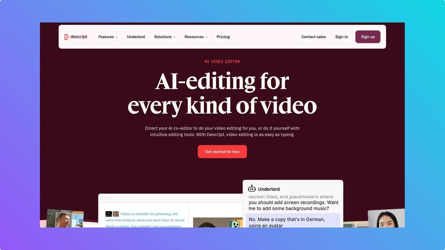 Descript AI video editor interface for text-based editing, captions and audio enhancement.