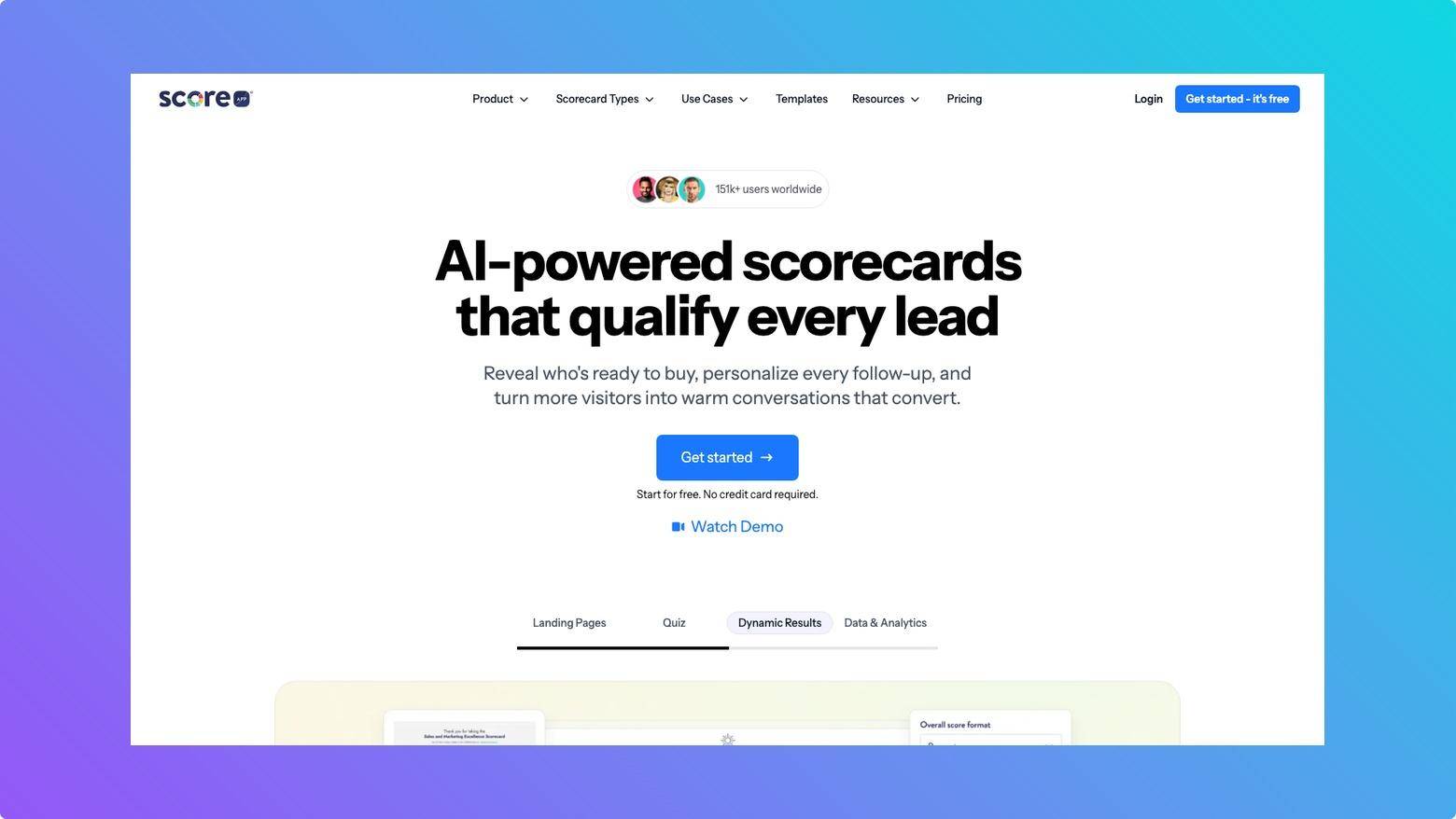 ScoreApp homepage showing quiz and scorecard lead generation messaging