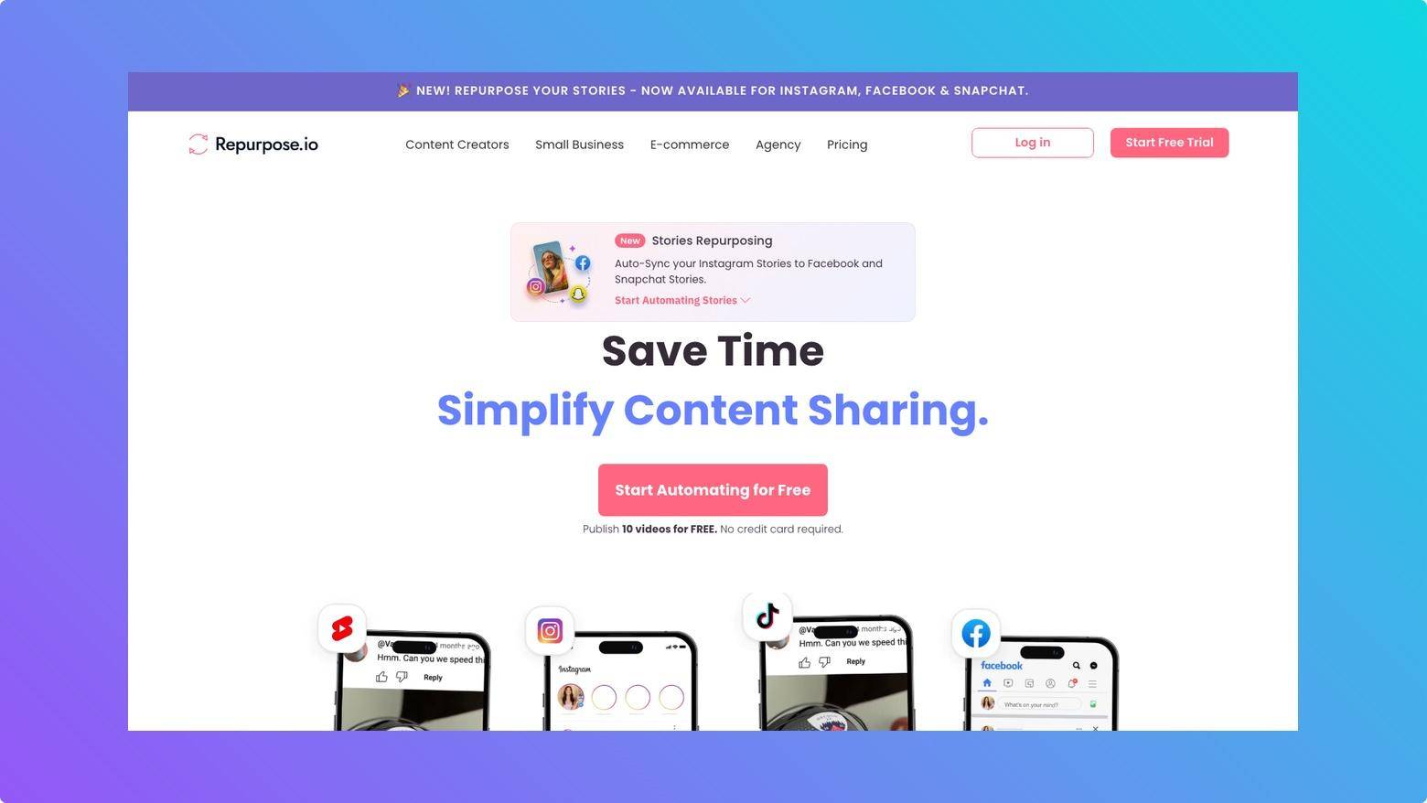 Repurpose.io homepage showing automated content repurposing and distribution features for social media videos