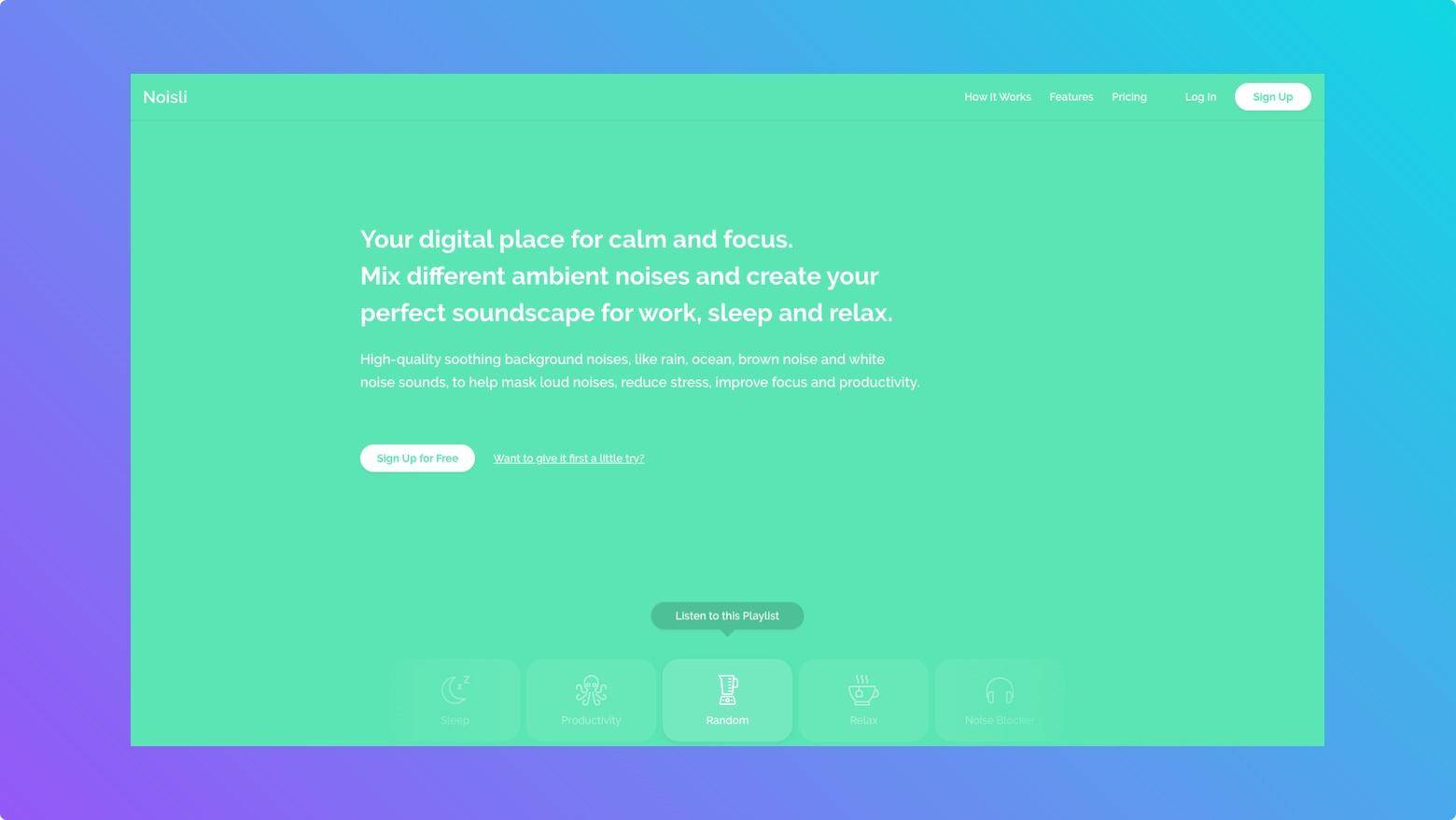 Noisli interface showing layered ambient sound icons like rain and fire for focus