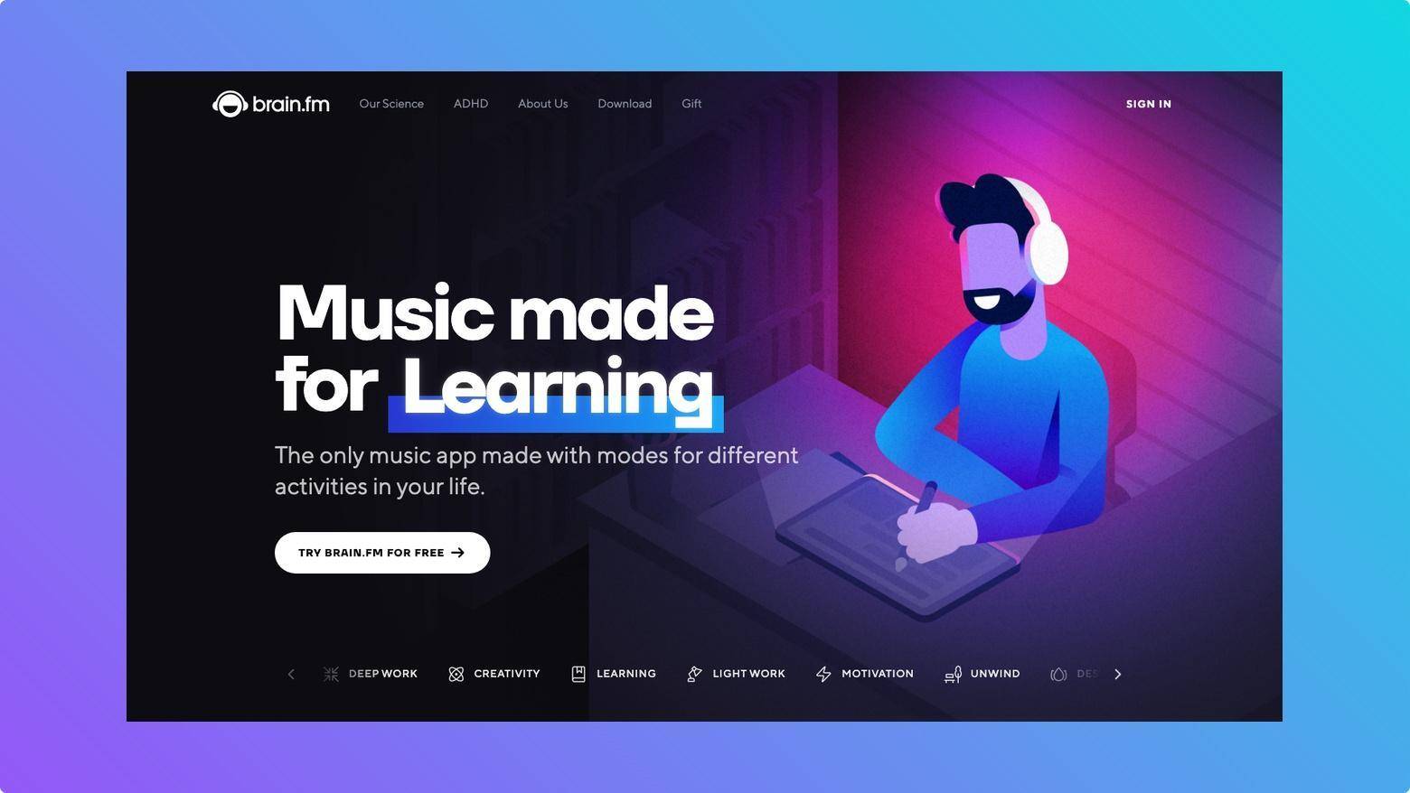 Brain.fm app interface showing focus music modes and activity categories