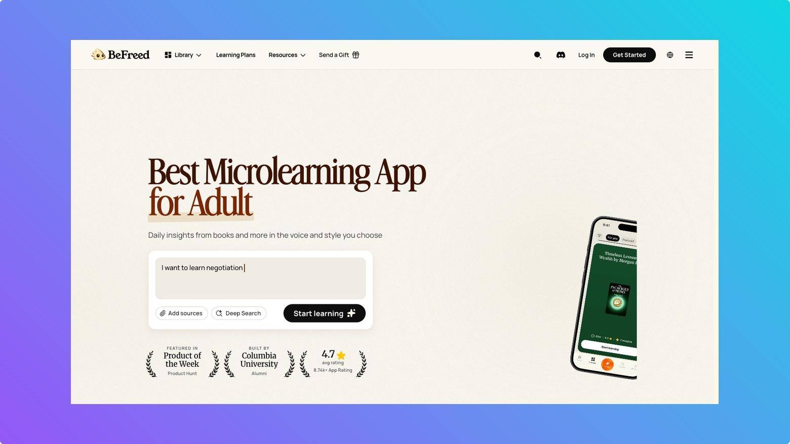 BeFreed microlearning app for listening to and reading key ideas from books and podcasts.