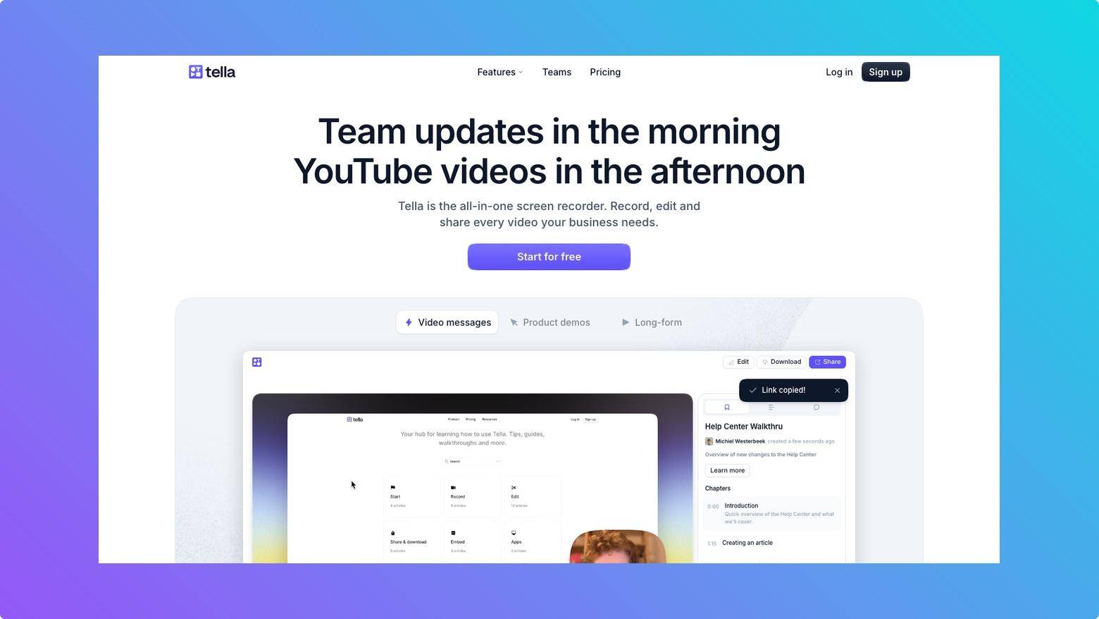 Tella homepage screenshot on Tooltester gradient background