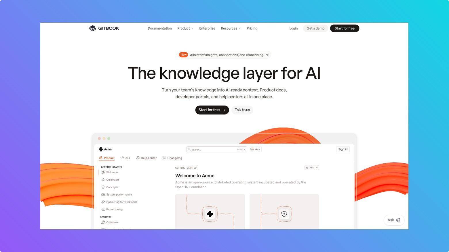 GitBook documentation platform interface showing product docs and AI features