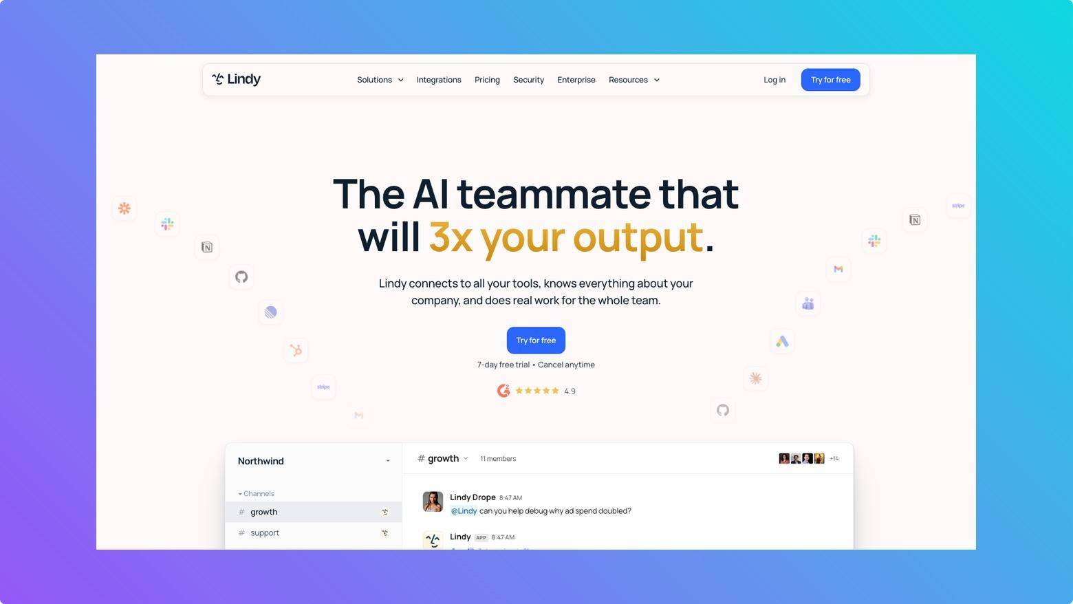 Lindy homepage promoting an AI teammate for work workflows.