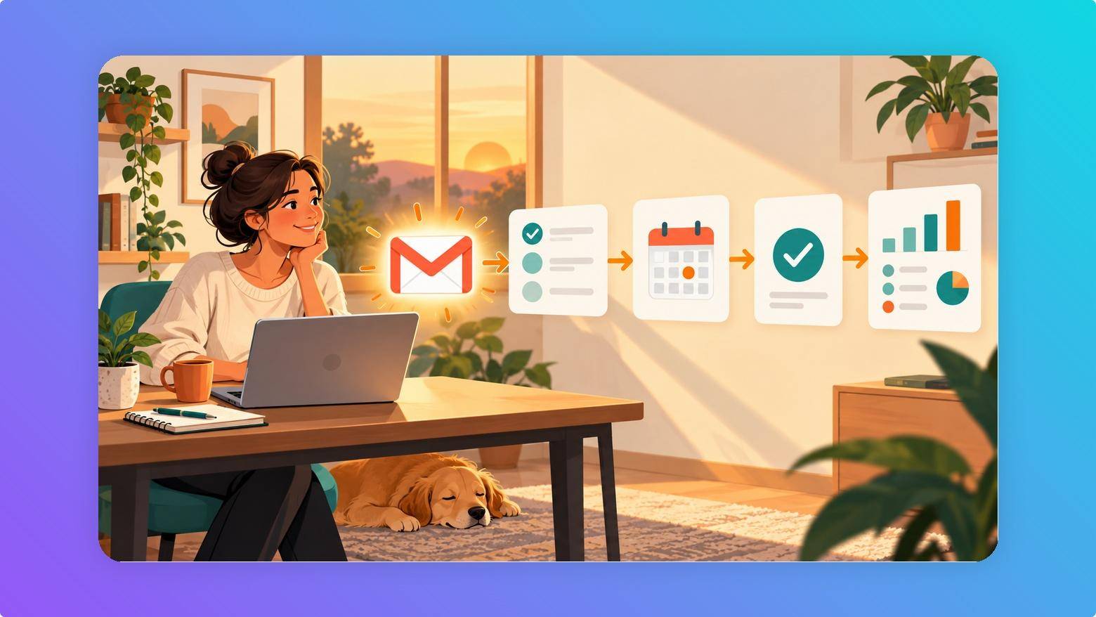 A tidy workspace showing Gmail, Google Sheets, and Drive tasks flowing into an automated checklist.