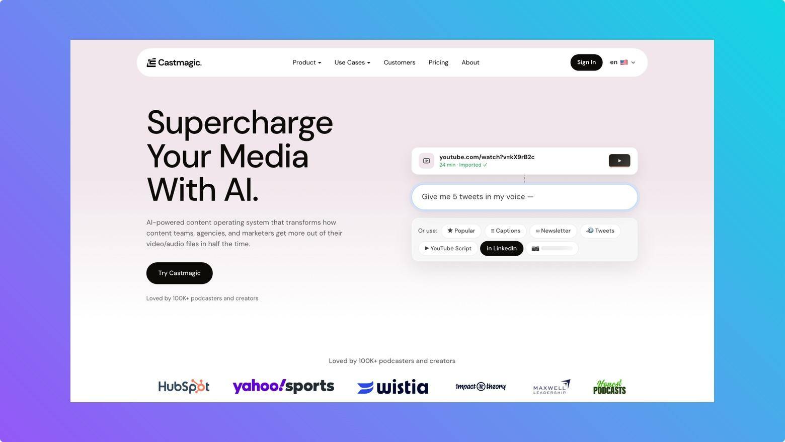 Castmagic dashboard showing AI-generated content assets from a long-form recording.
