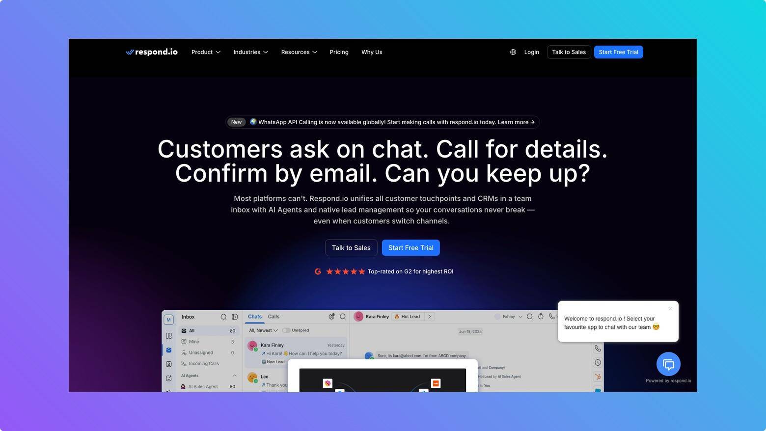 Respond.io inbox and AI agent platform for managing customer chats across multiple channels.