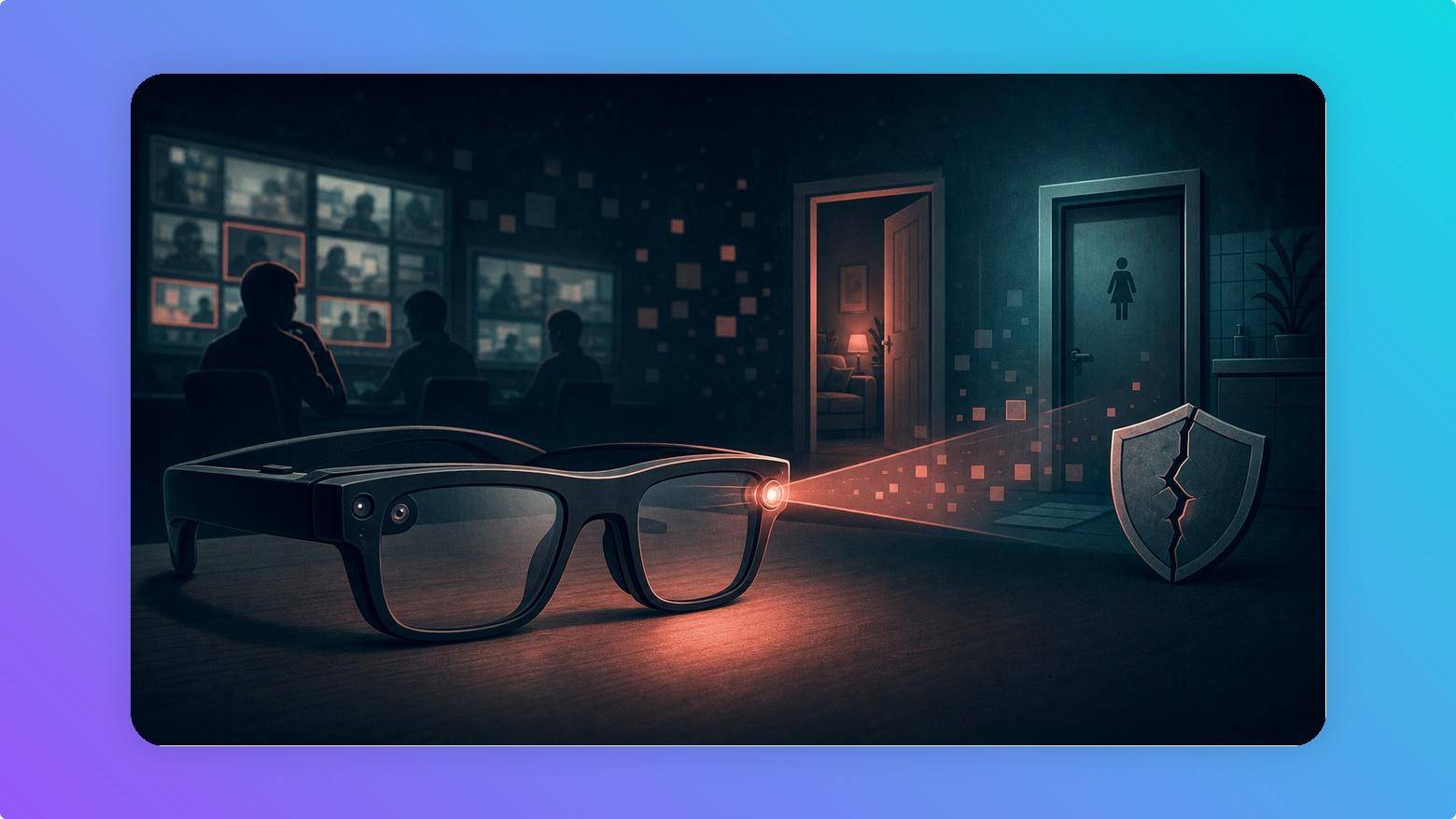 Smart glasses sending private footage toward reviewers beside a cracked privacy shield