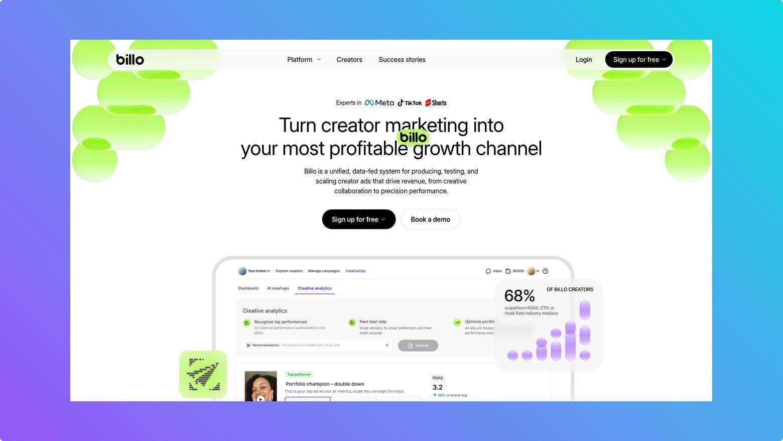 Billo App homepage showing its creator marketing platform for user-generated product videos