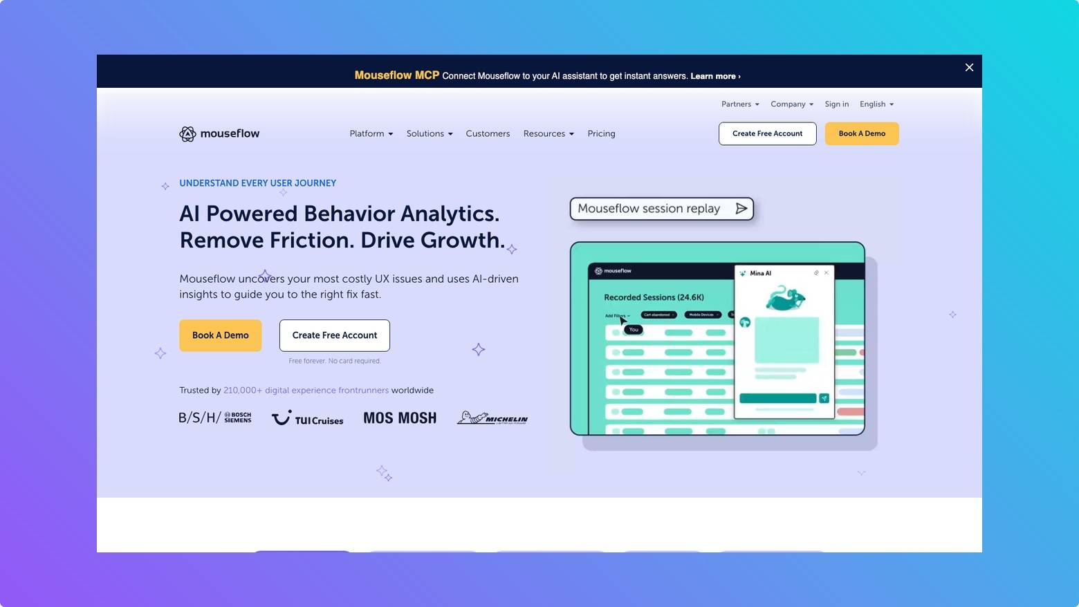 Mouseflow homepage screenshot on Tooltester gradient background