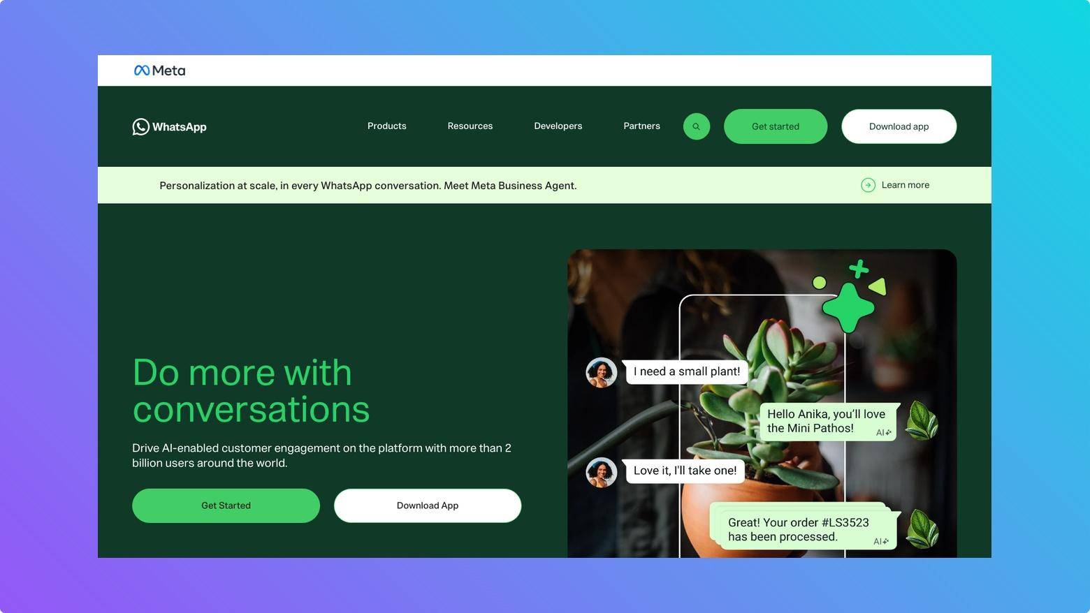 WhatsApp Business homepage showing business messaging products and customer conversation tools.