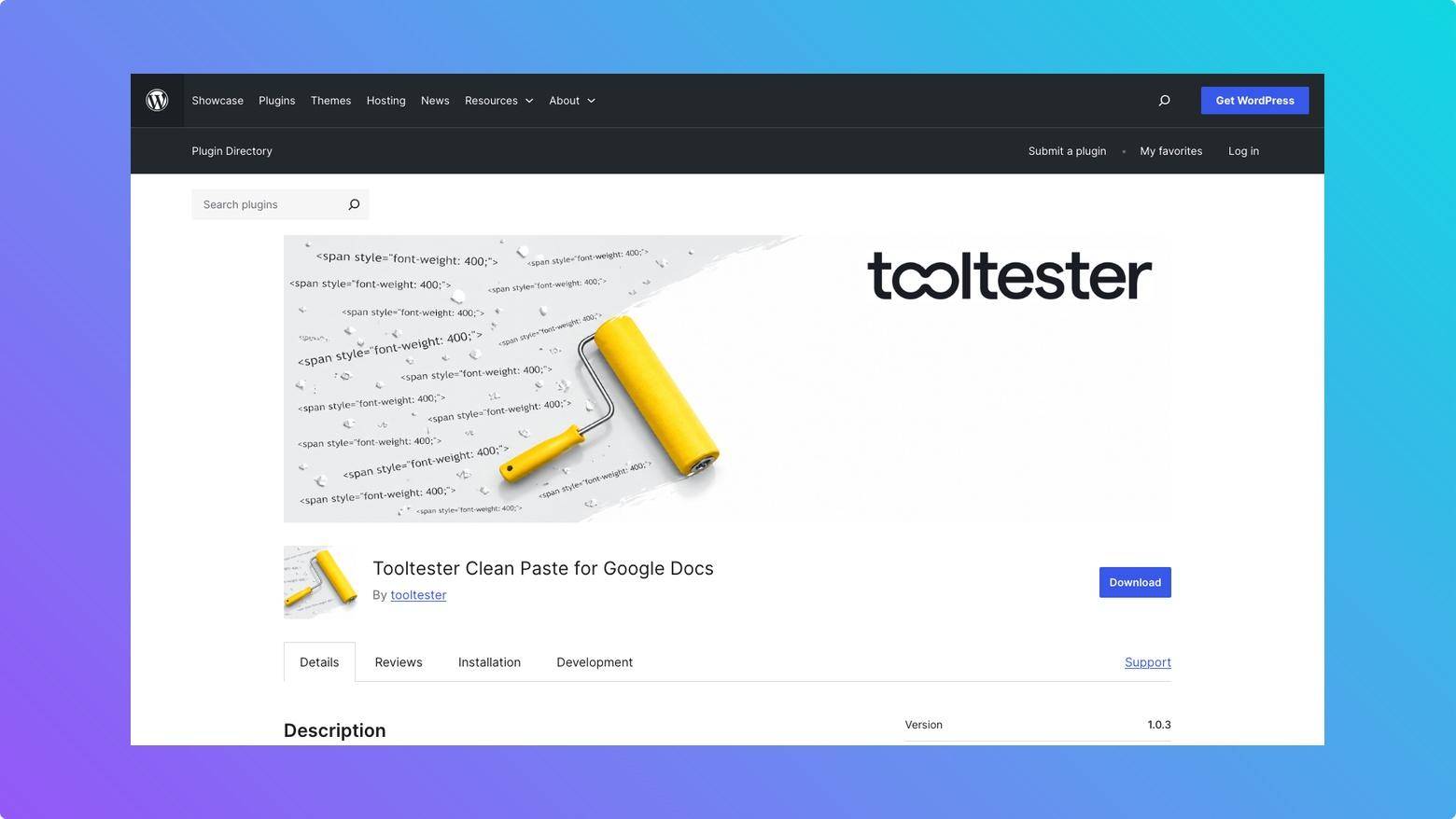 WordPress plugin page for Tooltester Clean Paste for Google Docs, focused on cleaning messy formatting pasted from Google Docs while preserving lists and basic text styling.