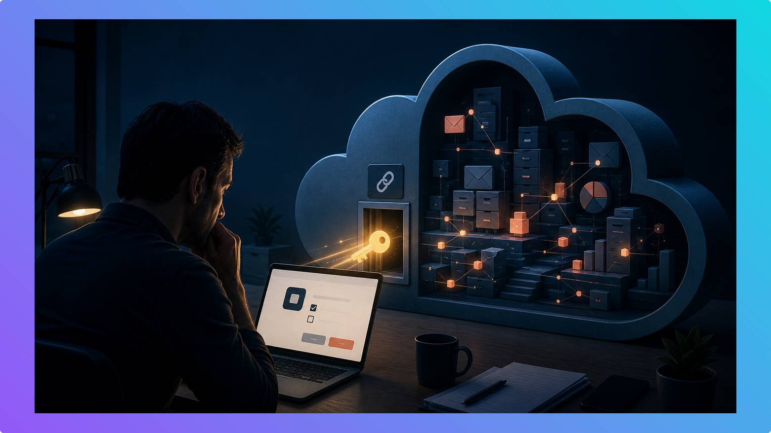 Dark illustration of a linked-app permission opening a path into a business cloud