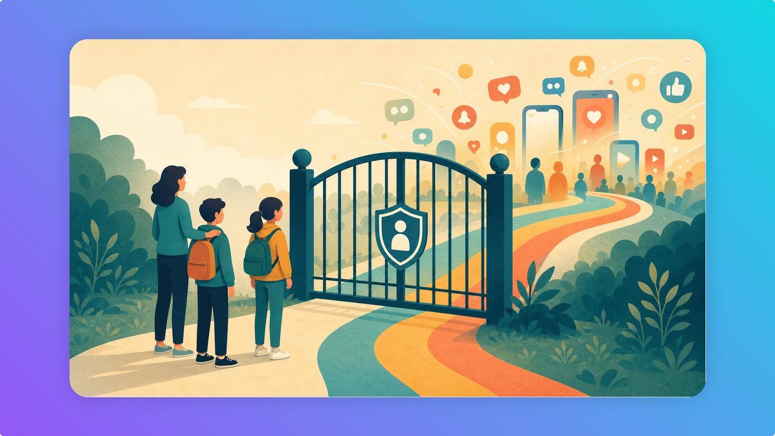 Protective gate separating young teens from a busy social media world