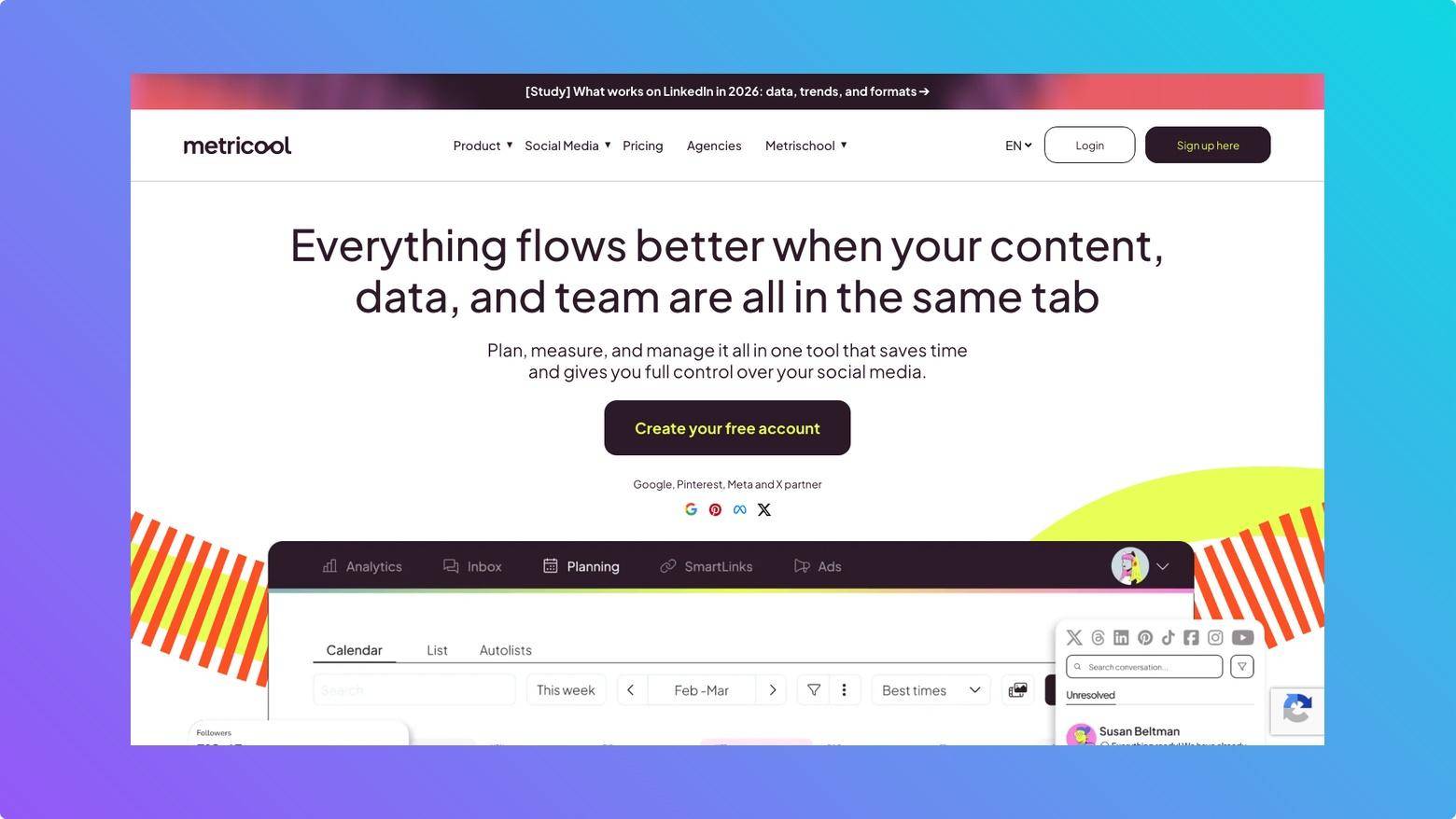 Metricool social media dashboard for planning posts, tracking analytics, and managing multiple brands.