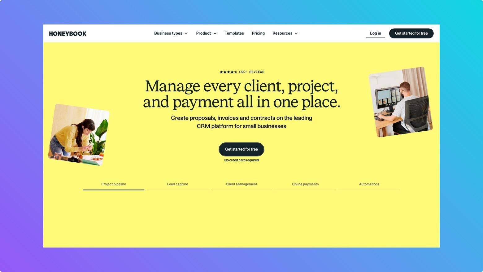 HoneyBook homepage showing client projects, proposals, invoices and payments